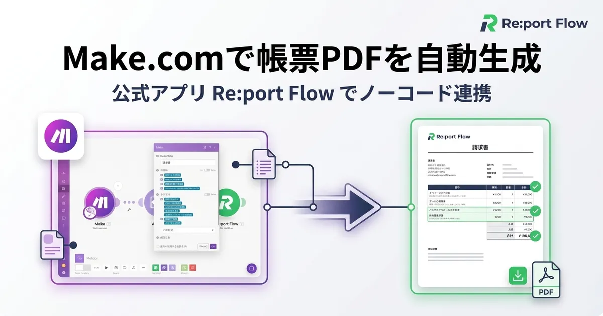 「Make.comで帳票PDFを自動生成する方法｜公式アプリ Re:port Flow でノーコード連携」のカバー画像